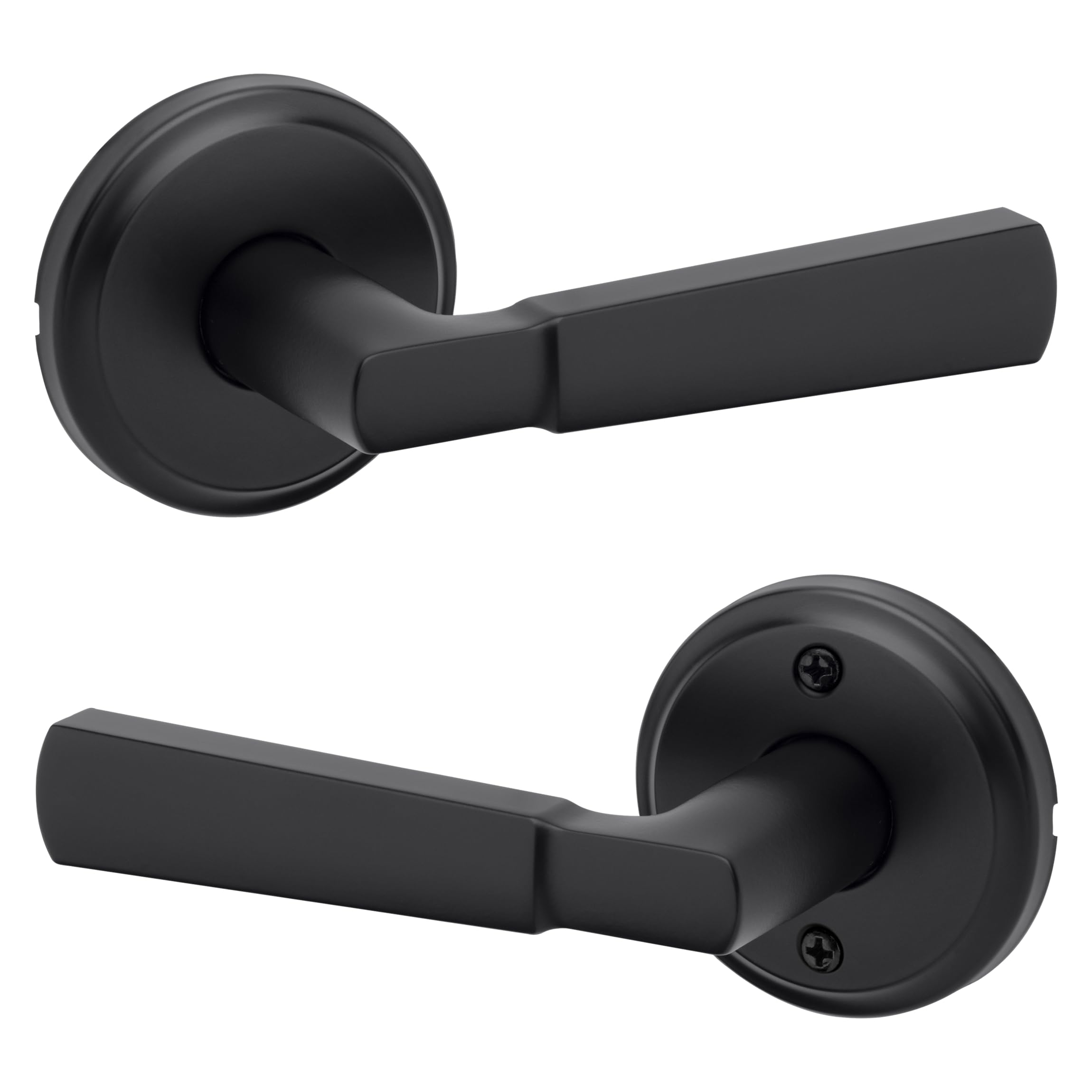 Kwikset Perth - Manija de puerta de paso interior, palanca para puertas de armario y pasillo, manija reversible sin bloqueo, negro mate, con protección Microban