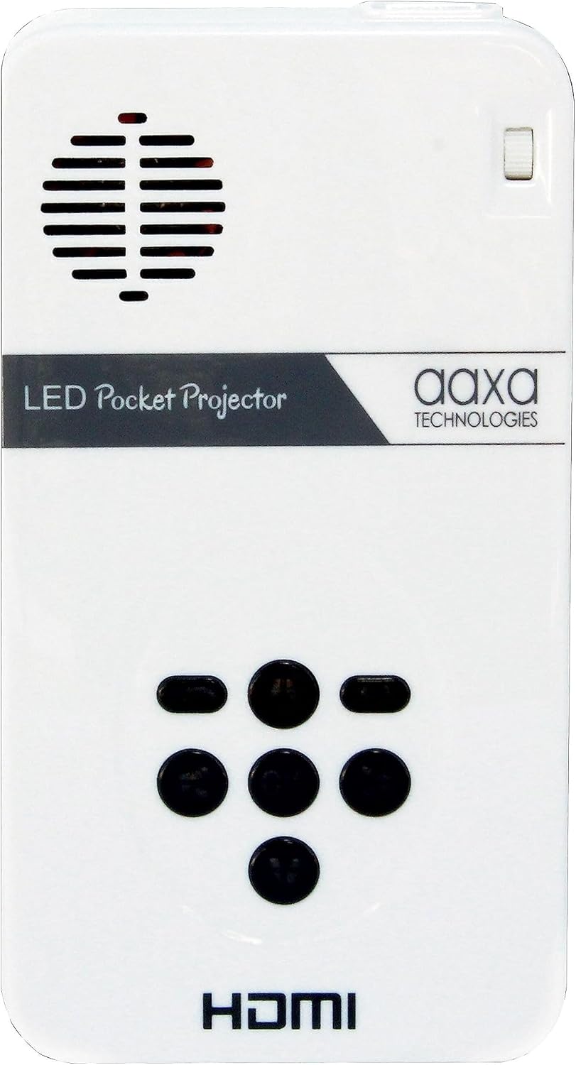 നാവിഗേഷൻ ബട്ടണുകളുള്ള മുകളിലെ നിയന്ത്രണ പാനൽ കാണിക്കുന്ന AAXA LED പിക്കോ മൈക്രോ വീഡിയോ പ്രൊജക്ടർ.