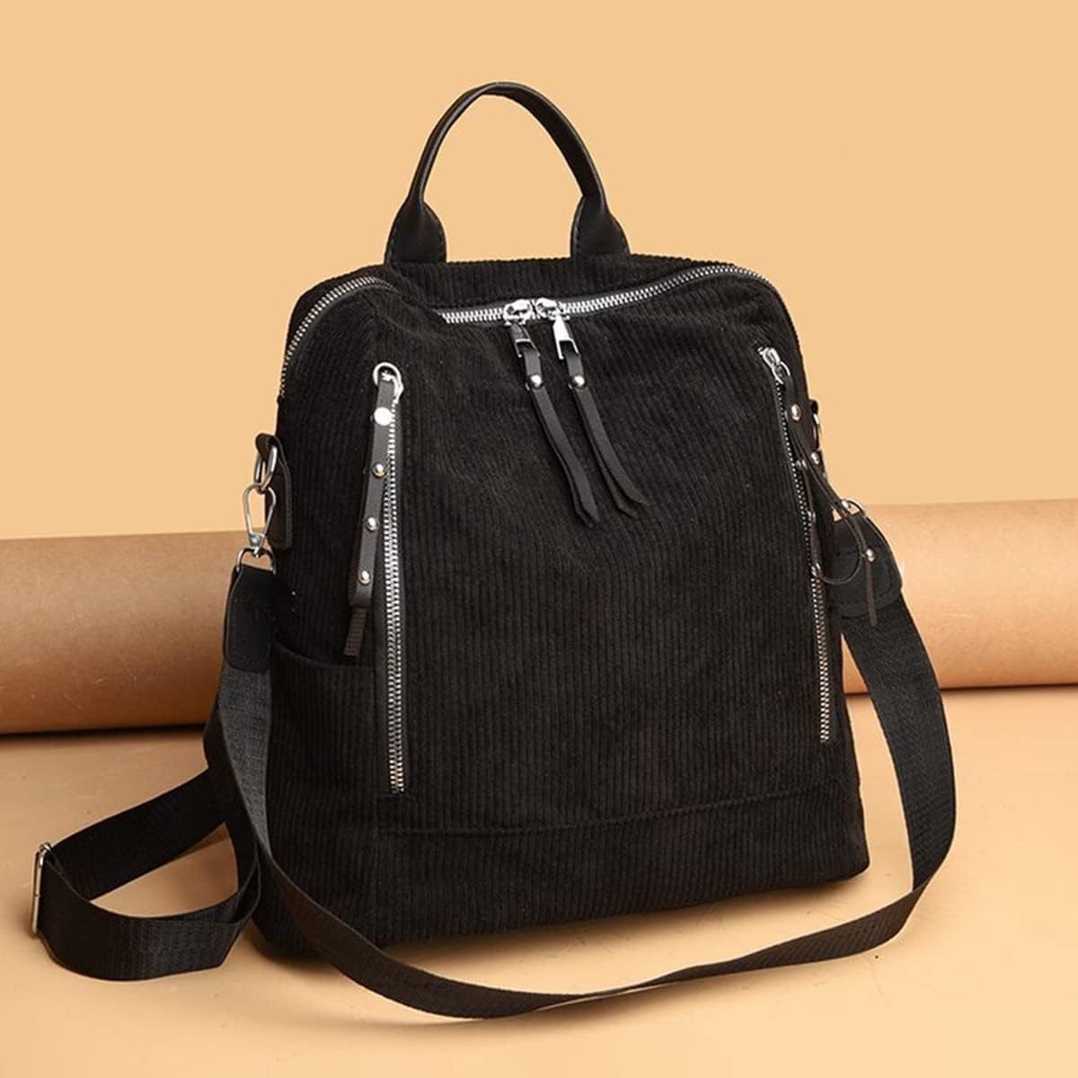 Womens Corduroy Casual Backpack Purse Convertible Travel Shoulder Bag with Wristlet Corduroy Wallet Handbag,Black - Image 7