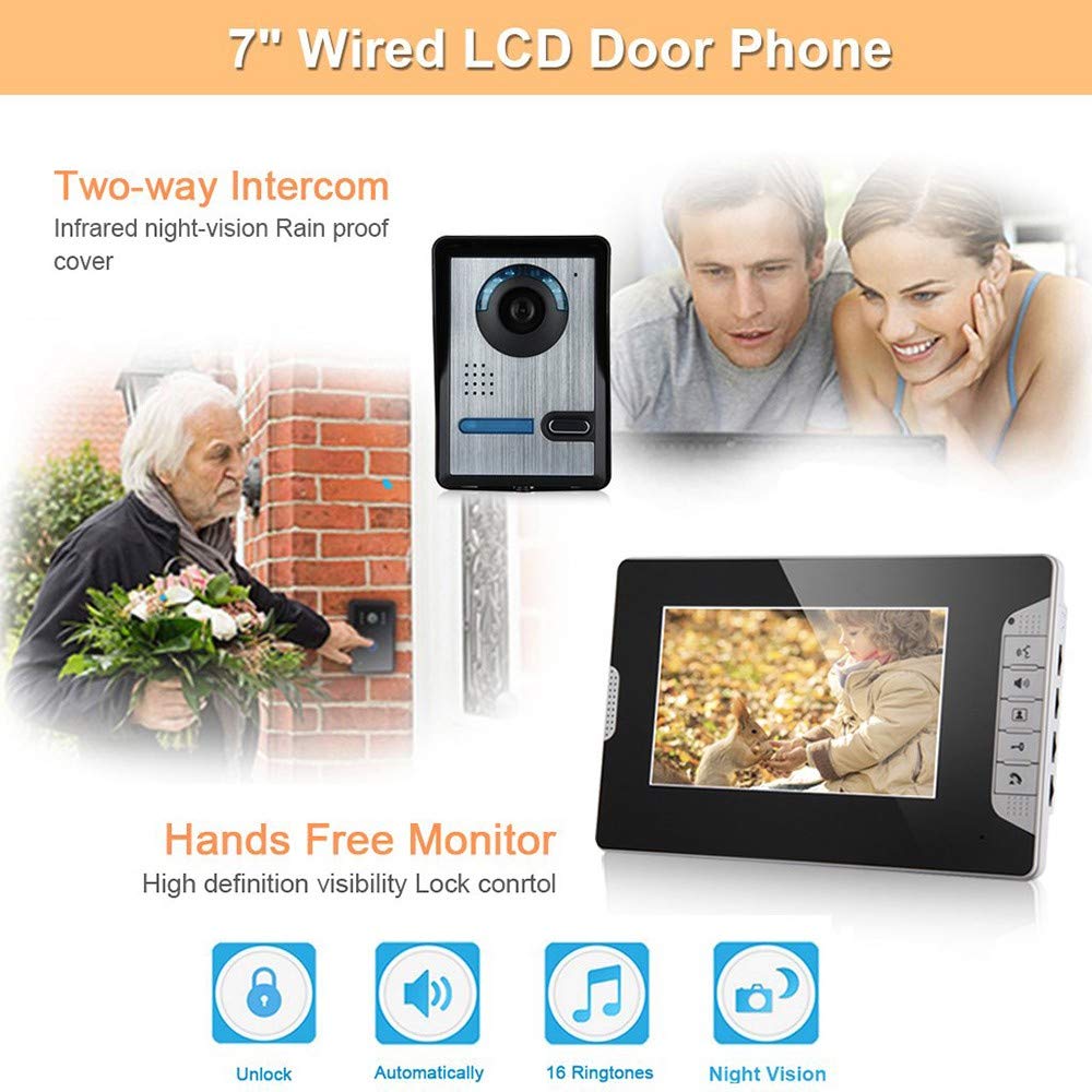 Videoportero Timbre, WiFi Security Intercom System con Monitores a Color LCD DE 7",1 Cámara IR al Aire Libre, 2-Vías de Audio, Visión Noctura Impermeable para la Seguridad de Hogar