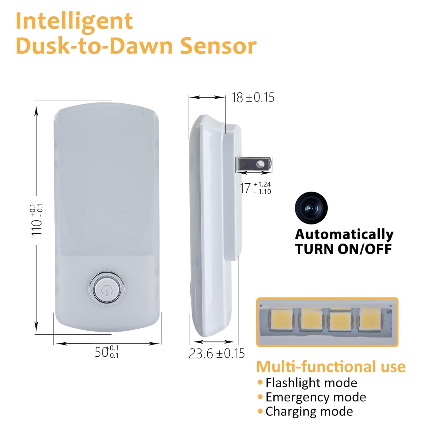 3-in-1 Dusk to Dawn LED Night Light Warm LED Multi-Function Plug-in or Portable Ideal for Hallways Bedrooms Stairs — view 7