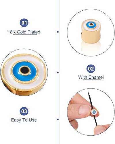 Miniatura 5 de Pandahall - 10 cuentas de esmalte de latón en columna con mal de ojo real chapado en oro de 18 quilates, cuentas espaciadoras sueltas de 0.295 x
