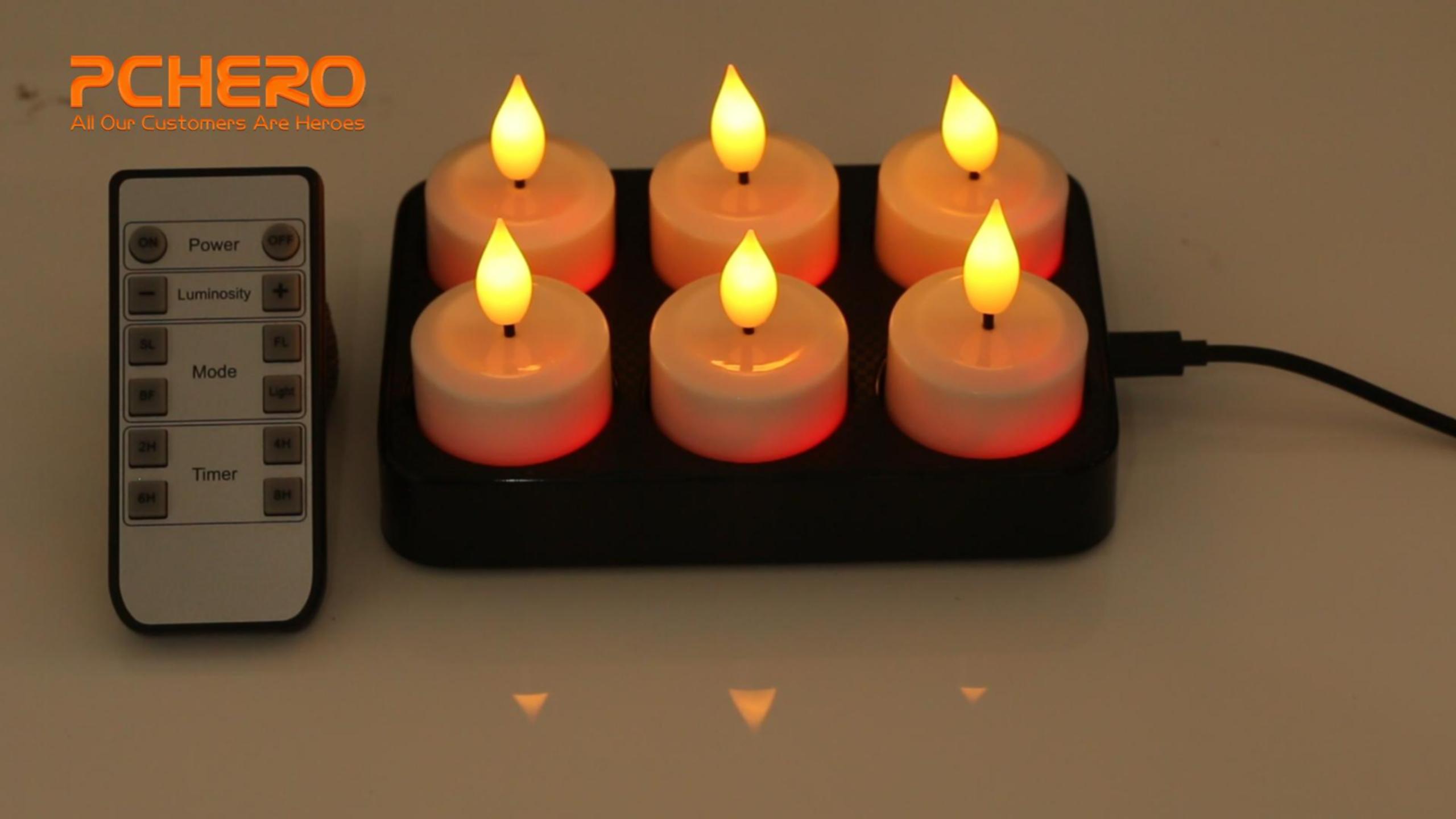 Image of PChero Rechargeable Flameless Tealight Candles with Remote & Timer, 6 Pack | Charging Base, 3D Flickering Wick, 5-Level Brightness, 42-110 Hour Runtime, for Home, Weddings, Halloween and Christmas Decor