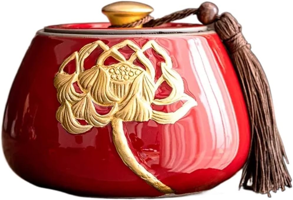 Tea Tin Ceramic Tea Storage Containers with Golden Lotus Pattern and Tassel Decoration, Vintage Chinese Style Jar Leaves Sealing Can for Chocolate, Sugar, Spices Container(Red)