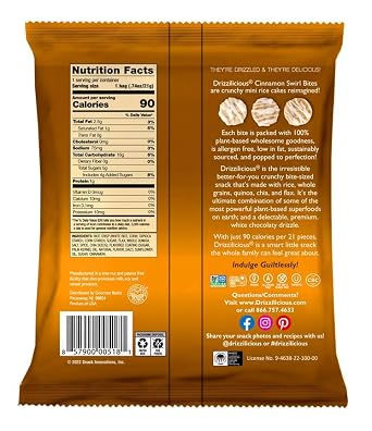Drizzilicious Mini Rice Cakes Cinnamon Swirl - Rice Crisps, Healthy Snack for Adults and Kids, Flavored Rice Cakes, Vegan, Gluten Free, Allergen Free, Only 90 Calories Per Bag - 0.74 oz (Pack of 10)