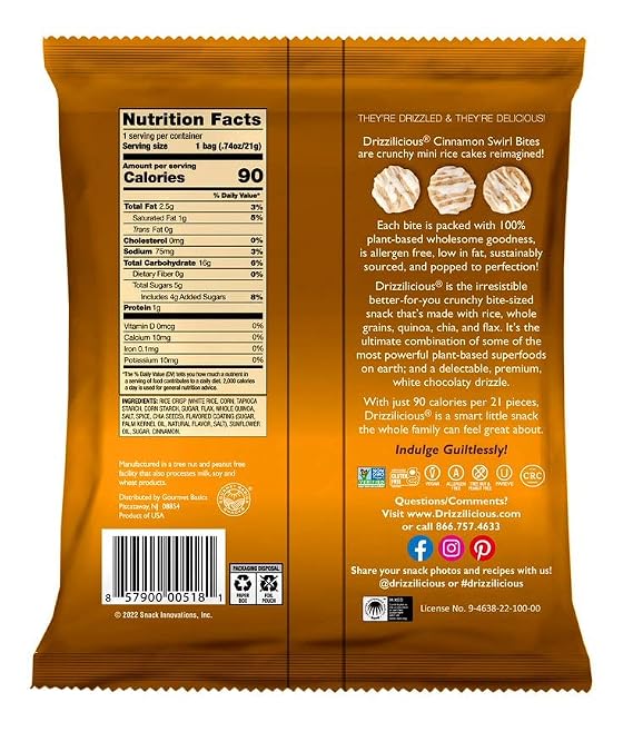 Drizzilicious Mini Rice Cakes Cinnamon Swirl - Rice Crisps, Healthy Snack for Adults and Kids, Flavored Rice Cakes, Vegan, Gluten Free, Allergen Free, Only 90 Calories Per Bag - 0.74 oz (Pack of 10)