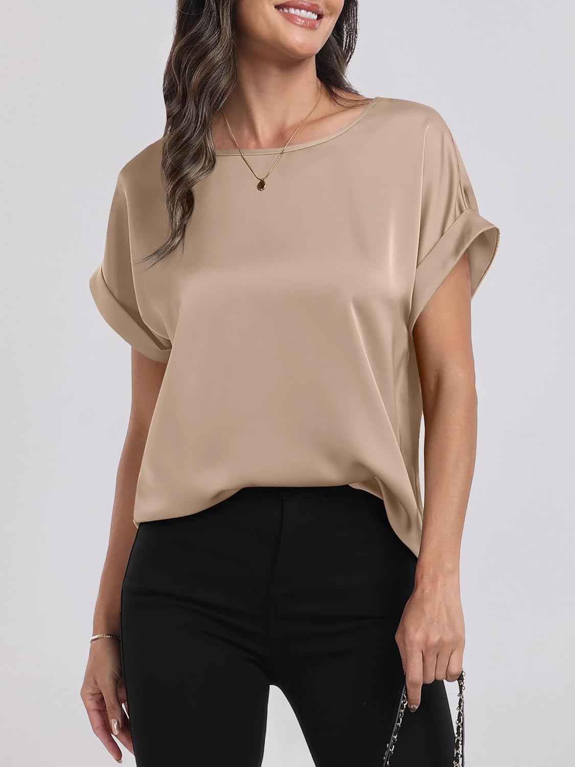 ANRABESS Women's Summer Dressy Casual Short Sleeve Shirts Crewneck Satin 2026 Business Office Work Blouse Tops - Image 5