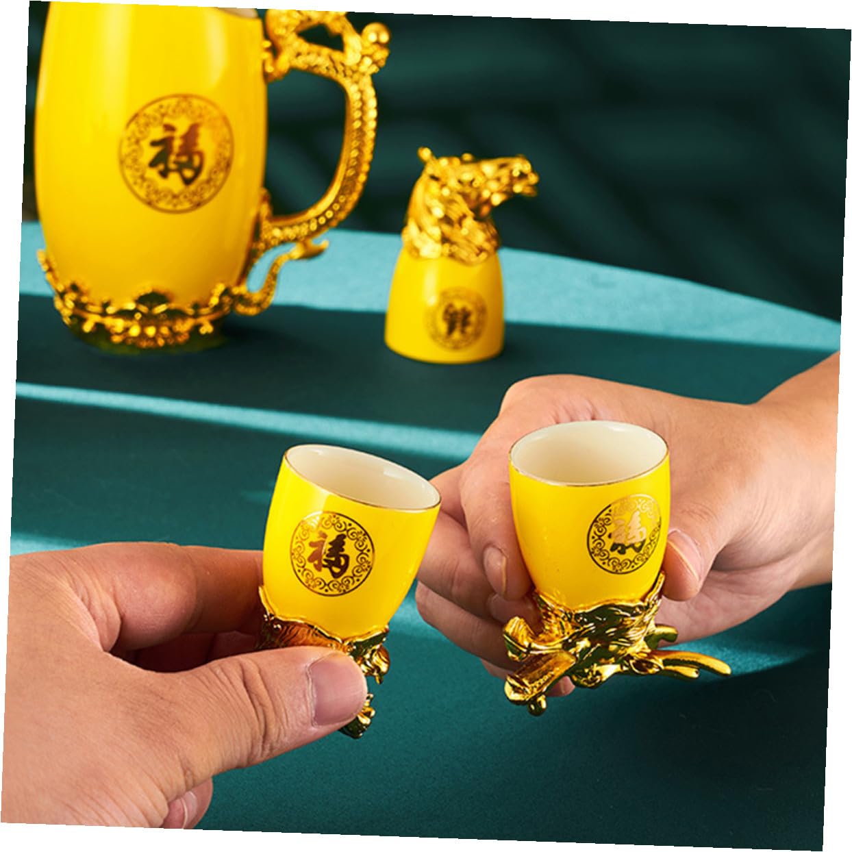 Kichvoe Chinese 12 Zodiac Animals Liquor Cup Retro Shot Glass Drinking Cup Wine Dispenser Wine Decanter for Korean Soju Whiskey Baijiu Yellow
