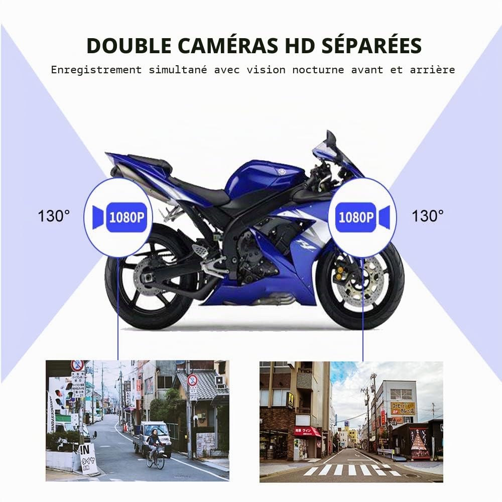 VSYSTO WiFi Caméra de Tableau de Bord pour Moto, HD 1080P, Vision Nocturne Starlight, système DVR à Grand Angle 130° Avant et arrière pour Moto, Contrôleur Filaire, Étanche, Enregistrement en Boucle