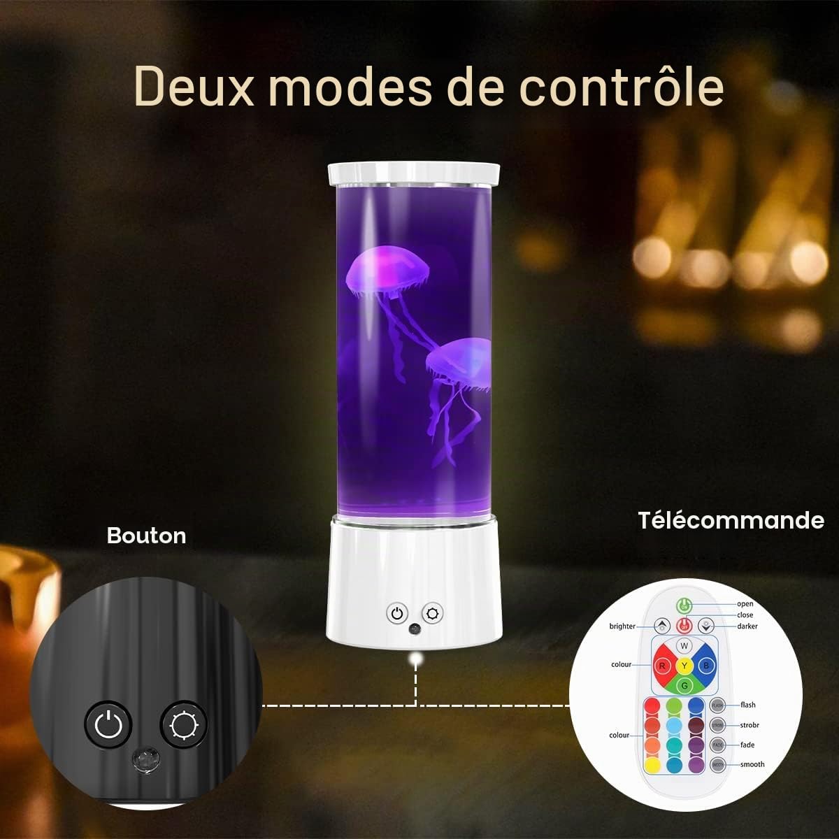 FBSPORT Lampe Meduse Lumineuse Aquarium 17 Couleurs Changeantes Jellyfish Lamp avec Télécommande, Alimenté par Batterie/USB Relaxante Light pour Enfants Hommes Femmes Décoration Cadeau