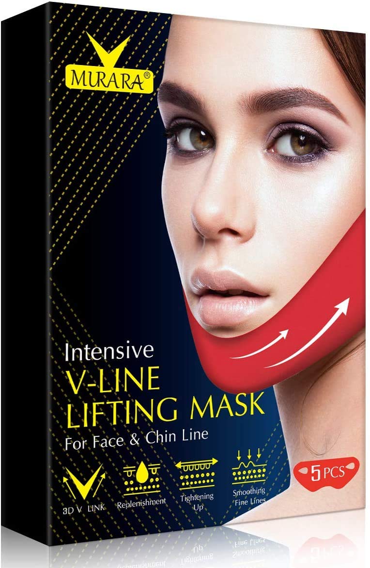V Line Lifting Face Mask, Premium Chin Up Patch, Contour Lifting Tightening and Moisturizing V Shape Facial Mask, Patch for Face Neck, Double Chin Reduces, 5 Strips, Red