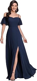 Ever-Pretty Vestidos de dama de honor de gasa con abertura lateral para mujer con hombros descubiertos y mangas 0237