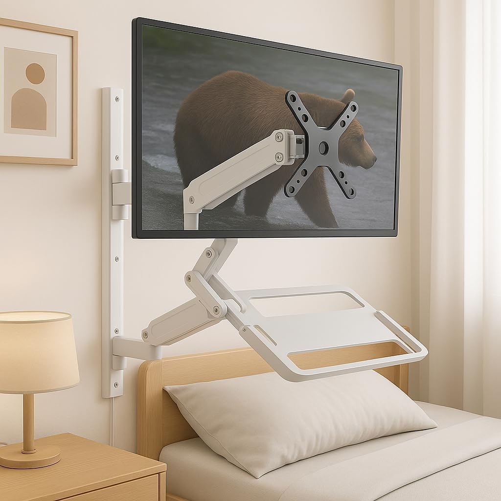 ZeboZap ZLTV8022 Wall Monitor Mount with Keyboard Tray | Fits 17 to 43 Inch | Single Monitor Wall Mount with Laptop Tray | Home Office, Bedside, Healthcare | White | 26.4 lbs
