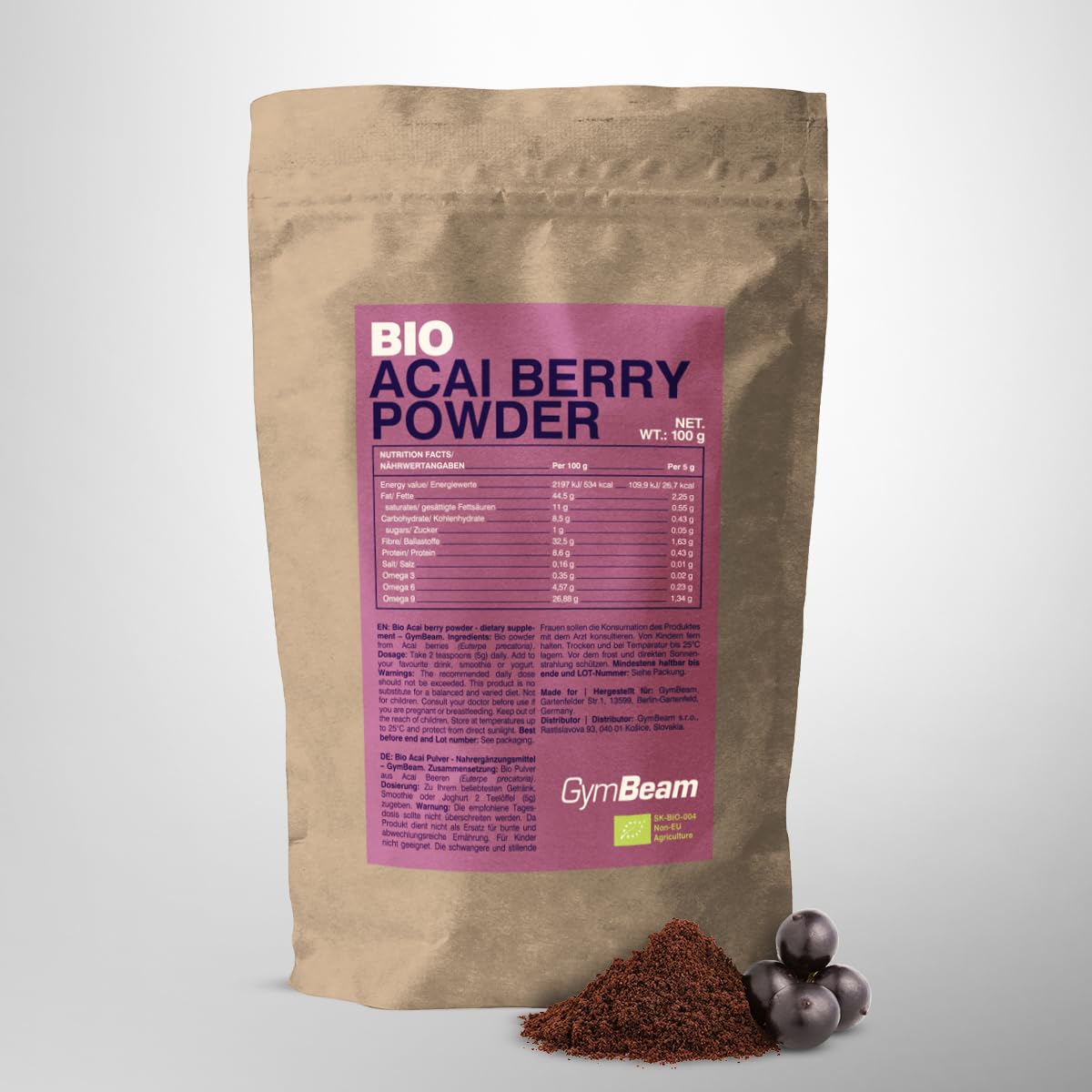 GymBeam Polvere di Acai BIO 100 g, Estratto di Bacche di Acai Biologiche, Ricca di Omega 3, 6 e 9, Senza Glutine, Senza Lattosio e OGM, Adatta a Vegetariani e Vegani