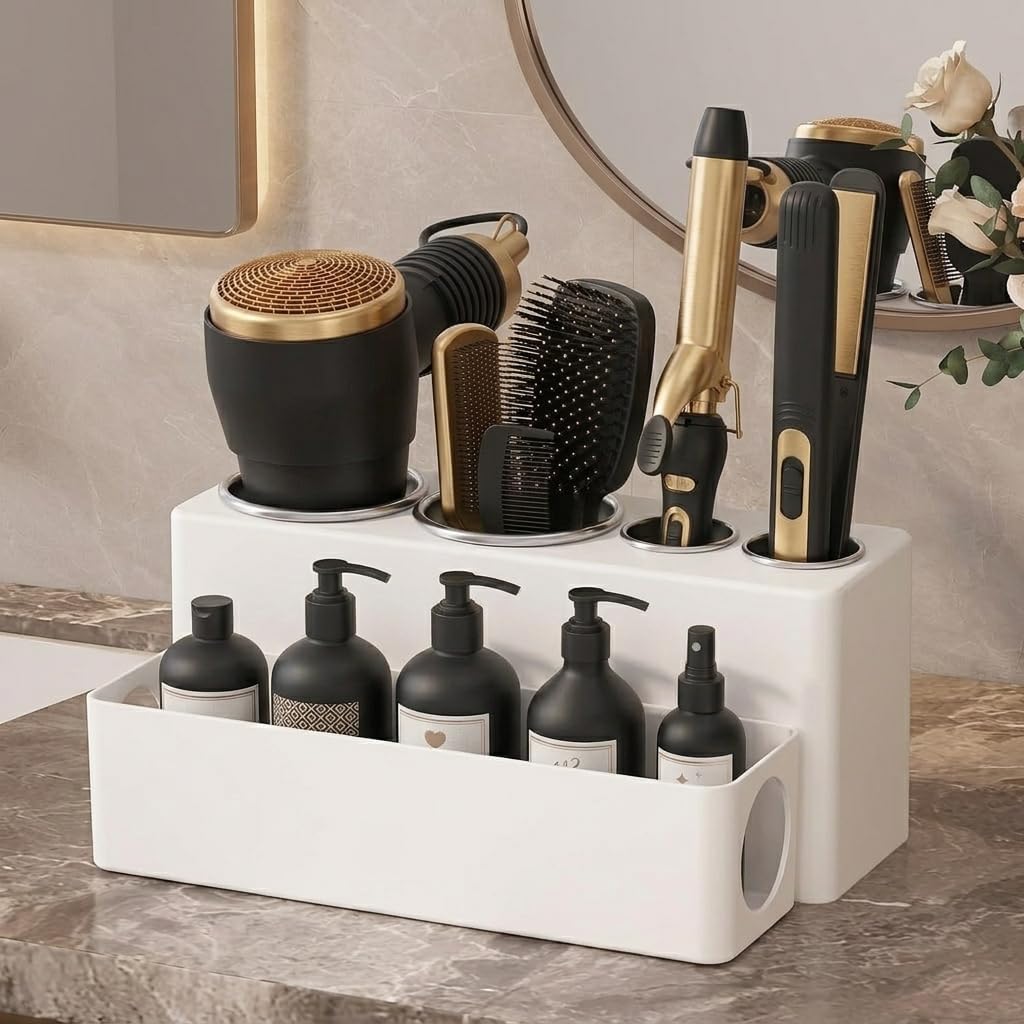 SOL ECO Hot Hair Tool Organizer Countertop Detachable Hair Tool Holder for Bathroom Hair Dryer Organizer with 4 Heat-Safe Stainless Steel Cups Acrylic Styling Station for Dryers, Flat Irons & Brushes