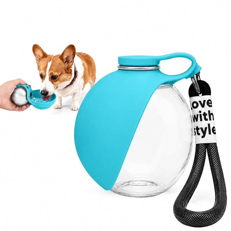 Garrafa de água portátil para cães com tigela dobrável de silicone RoseYouth Blue 01, 285 mL