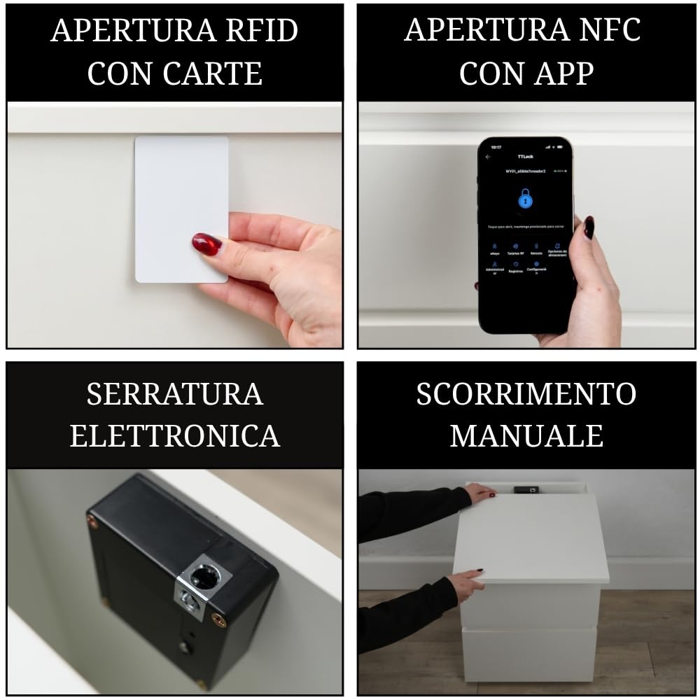 Cassettiera bianca con compartimento segreto e serratura RFID, comodino camuffato con cassetto nascosto doppio fondo invisibile, mobile occultato tipo cassaforte segreta per soldi gioielli
