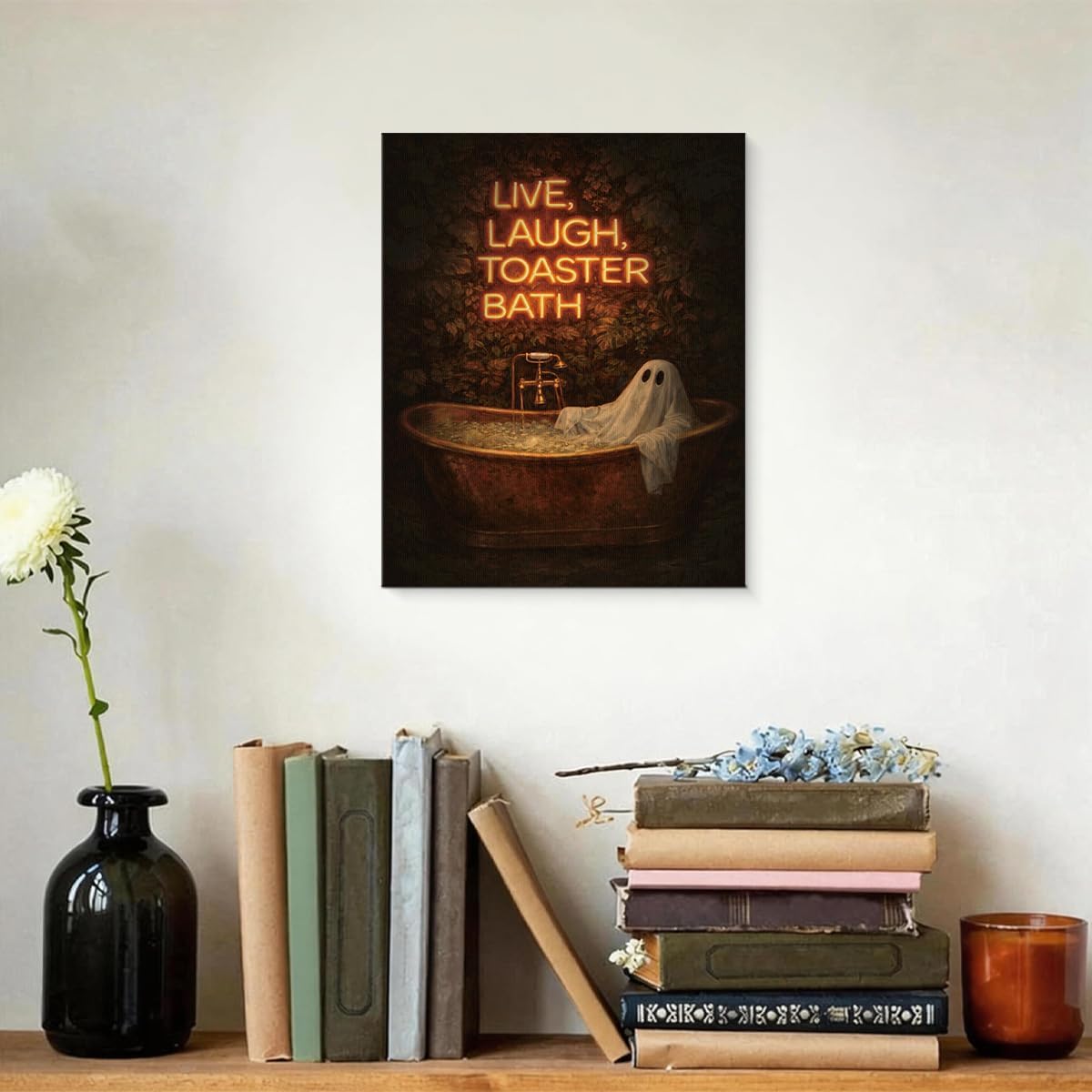 APOHBGV Funny Ghost Canvas Wall Art, Live Laugh Toaster Bath Dark Humor Oil Painting, Vintage Gothic Decor for Bathroom Living Room 8x10 Inch