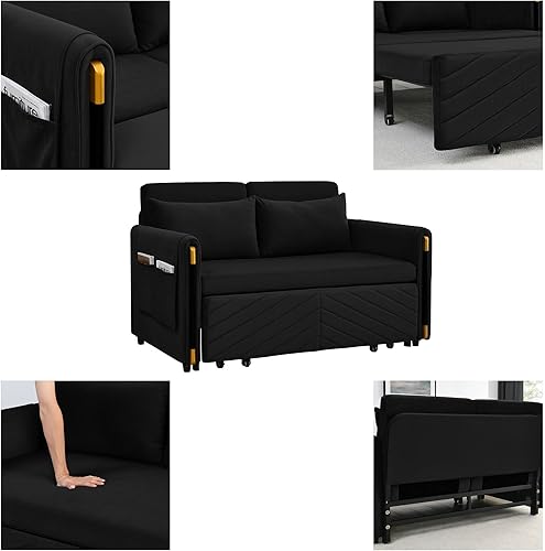 Miniatura 5 de Sofá cama convertible de 54 pulgadas, sofá biplaza ajustable de terciopelo, sofá extraíble con 2 bolsillos desmontables en los brazos y almohadas,