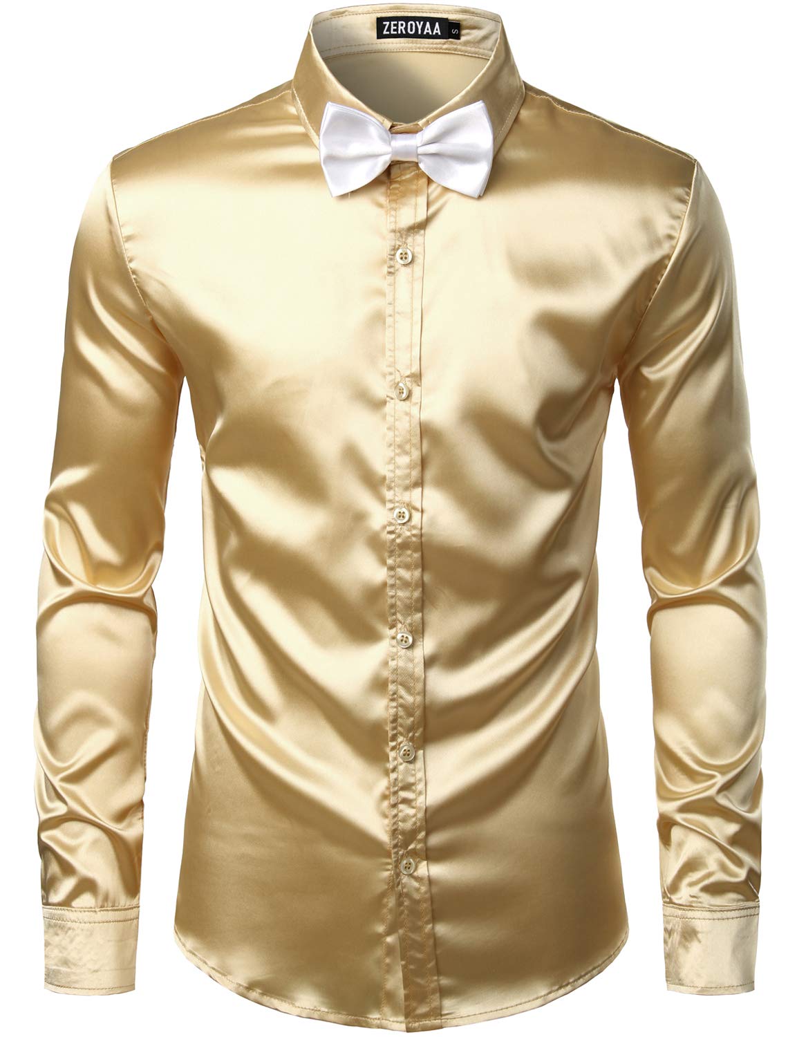 ZEROYAAMen's Luxury Shiny Silk Like Satin Button Up Dress Shirts