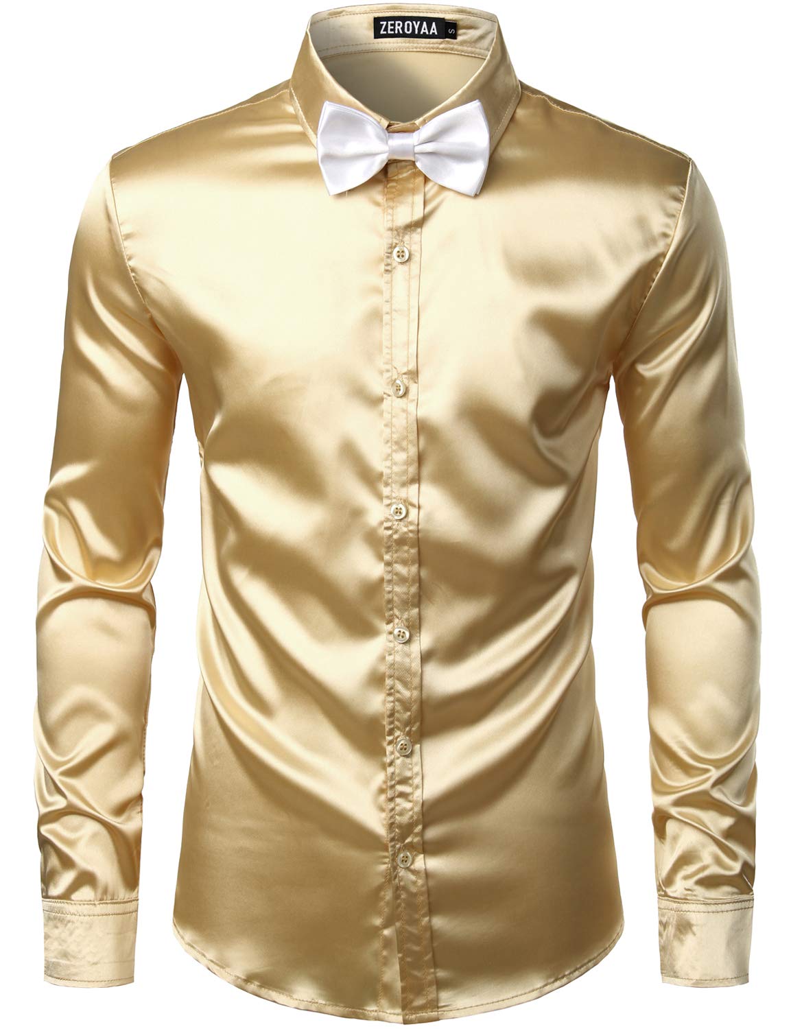 Photo 1 of ZEROYAA Men's Luxury Shiny Silk Like Satin Button Up Dress Shirts Champagne Small