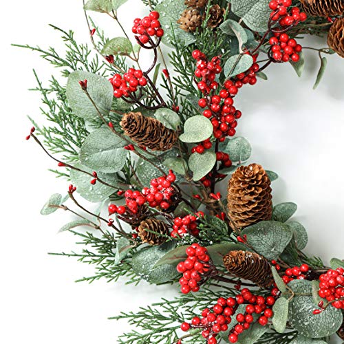 Amf0Resj Artificial Christmas Wreath Winter Wreath With Eucalyptus Leaves,Snowflake,Big Red Berries,Big Pinecones,Pine Needles For Indoor Outdoor Farmhouse Home Wall Window Festival Wedding Decor #TOP1