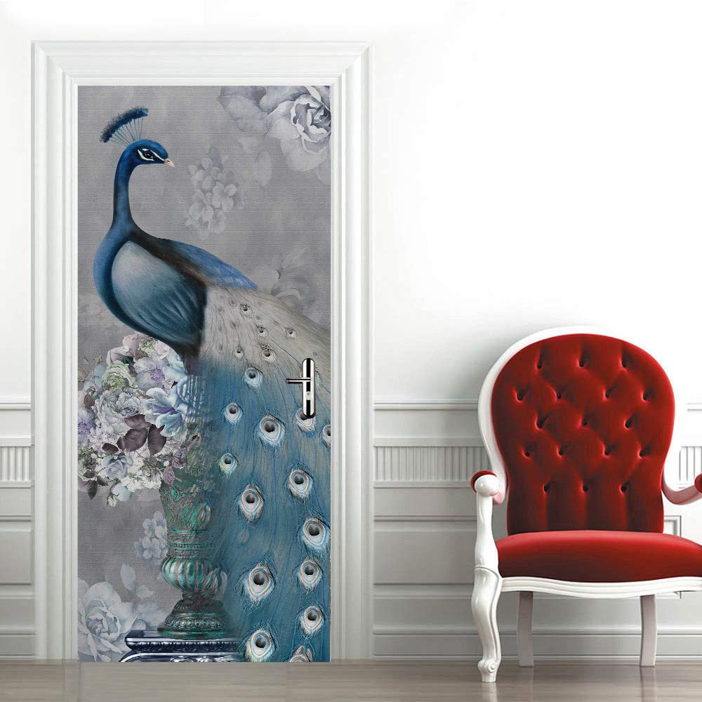Poster trompe l'oeil porte effet 3D relief paon pour deco murale interieure