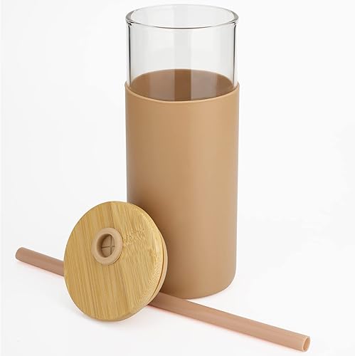 Miniatura 6 de Tronco - Vaso de vidrio de 20 onzas con tapa de bambú y pajilla, vaso para licuado de frutas con funda de silicona, sin bisfenol A, apto para