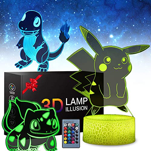 3 Patterns Pikachu Figure 3D Illusion Anime Lamp - Pikachu Toys LED Night Light for Kids Room Decor, 16 Color Change with Remote Timer, Boys Girls Birthday Gifts (Pikachu-1)