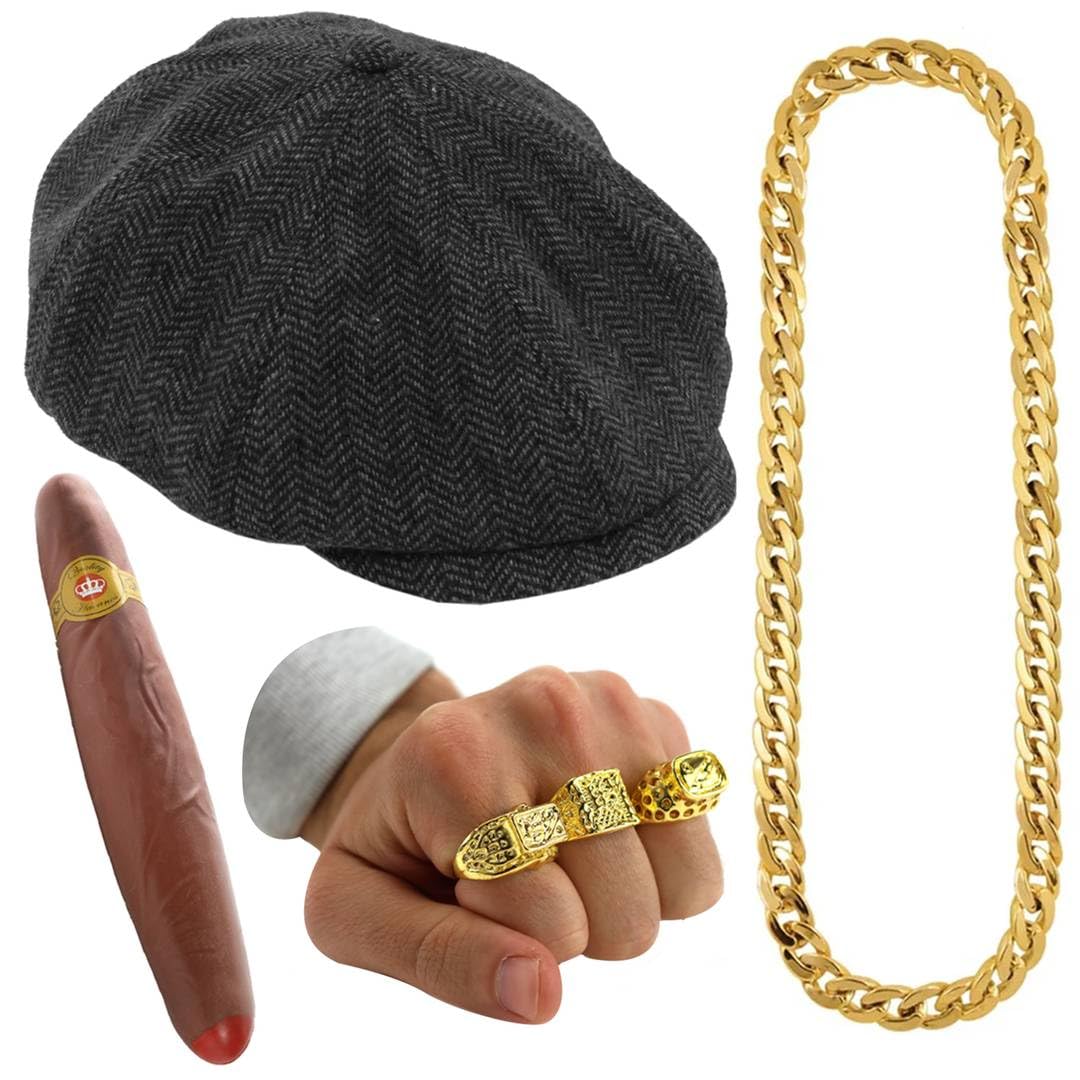 Peckham Market Seller Costume Accessory Set – 4 Piece Fools & Horses Inspired Includes Herringbone Flat Cap, Gold Chain, Sovereign Rings and Large Prop Cigar - Fancy Dress Costume