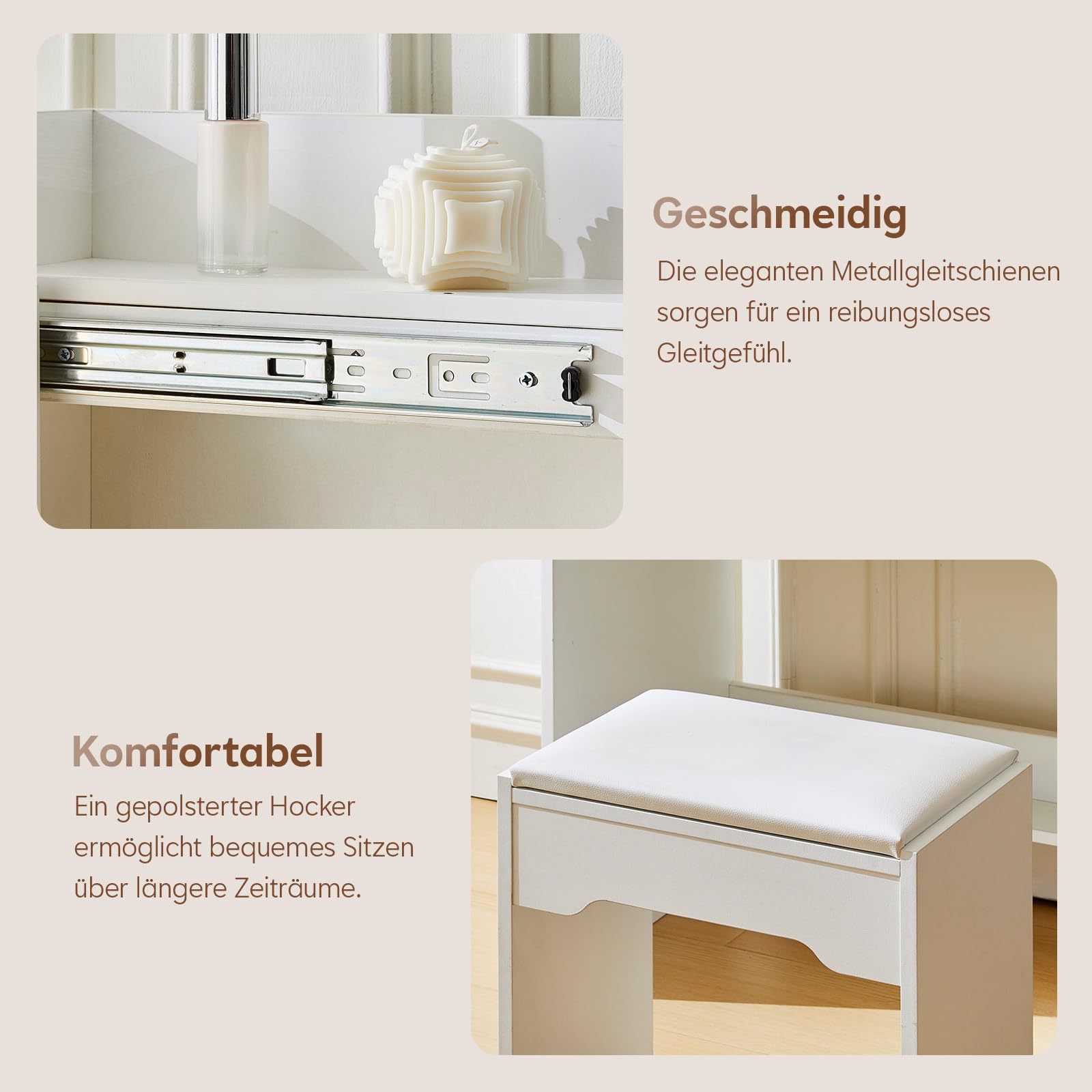 TUKAILAI Schminktisch mit Beleuchtung, Weiß Kosmetiktisch mit Schiebespiegel, Großer Schublade & Regalen, Frisiertisch Schmal mit Stuhl klein Schminktisch für Schlafzimmer 60x40x130cm
