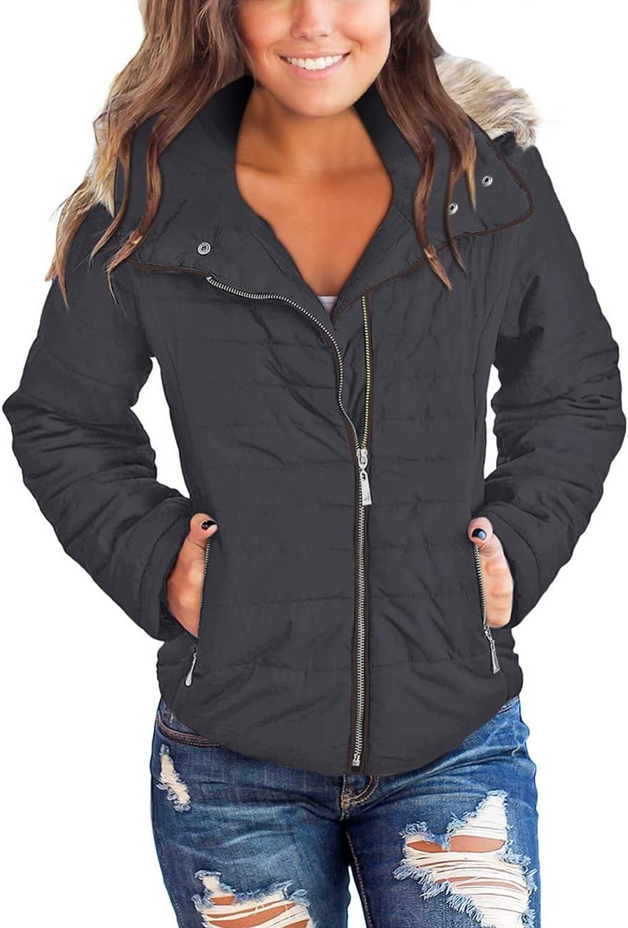 Vetinee Women Casual Faux Fur Lapel Zip Pockets Quilted Parka Jacket Puffer Coat