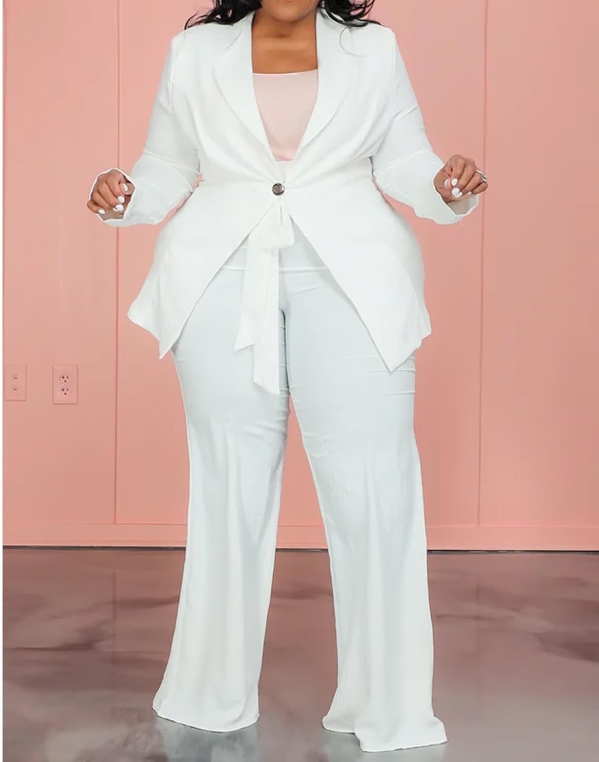 IyMoo Plus Size Suits for Women Business Open Front Long Sleeve Blazer Elastic Waist Solid Straight Leg Pant Set Suits - Image 3