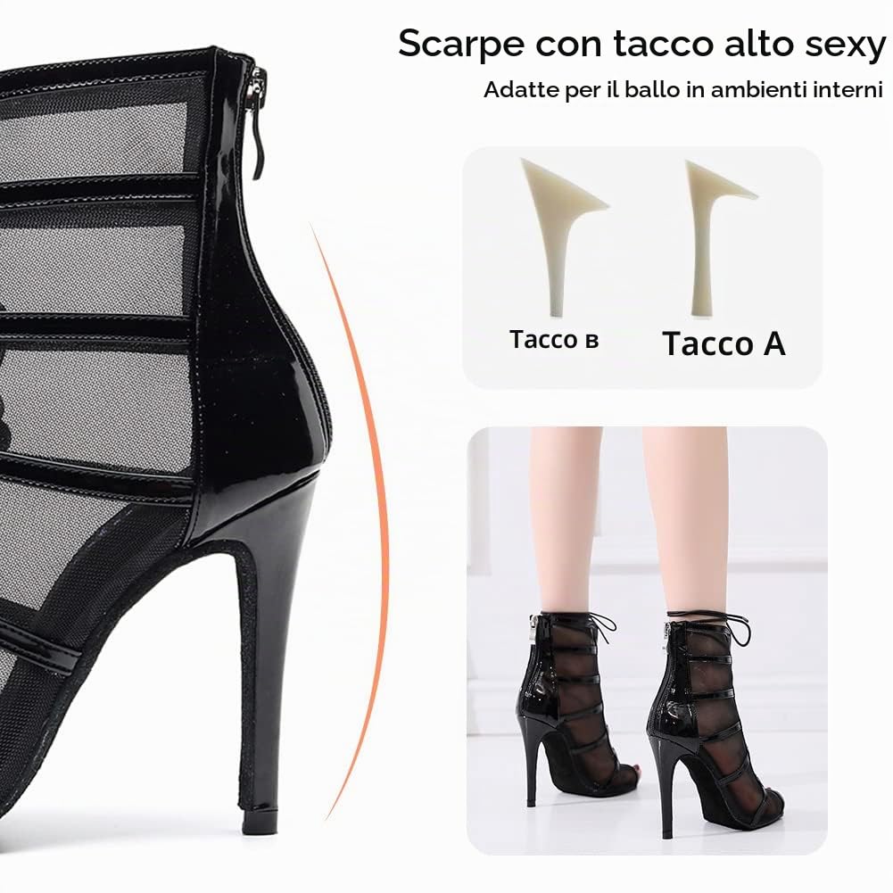 Stivali da Ballo Latino Americano Donna con Punta Aperta con Tacco con Lacci Scarpe da Ballo Donna