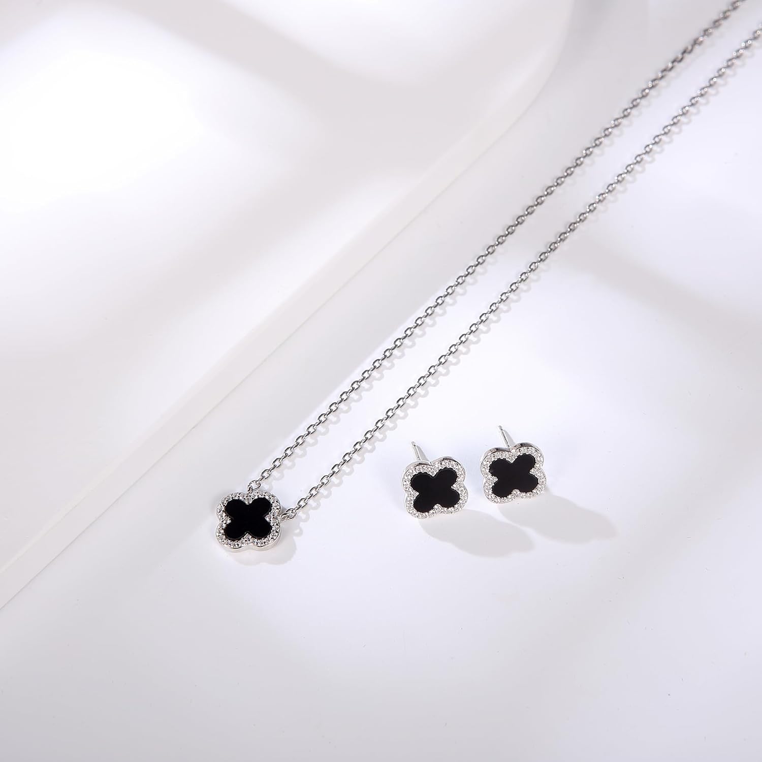 Four Leaf Clover Earrings 925 Sterling Silver for Women,Stud Earrings Jewelry with Black Onyx and Mother of Pearl,Elegant Gift for Her - Image 3