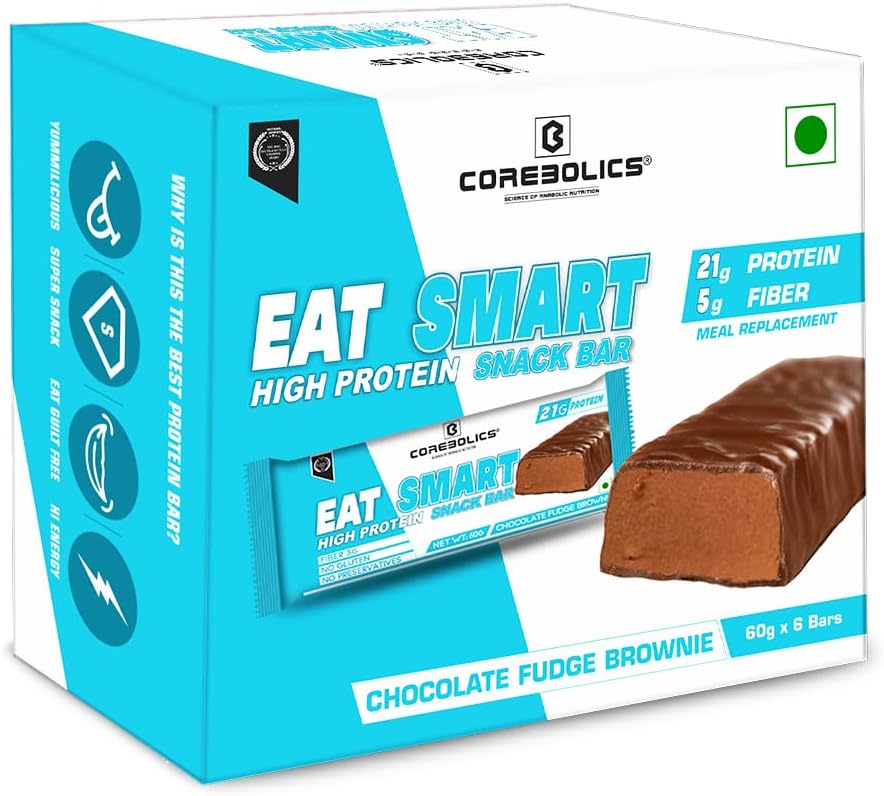- COREBOLICS SCIENCE OF ANABOLIC NUTRITION Eat Smart High Protein Snack Bar(21G Protein)-Chocolate Fudge Brownie-Pack Of 6(60Gmx6)