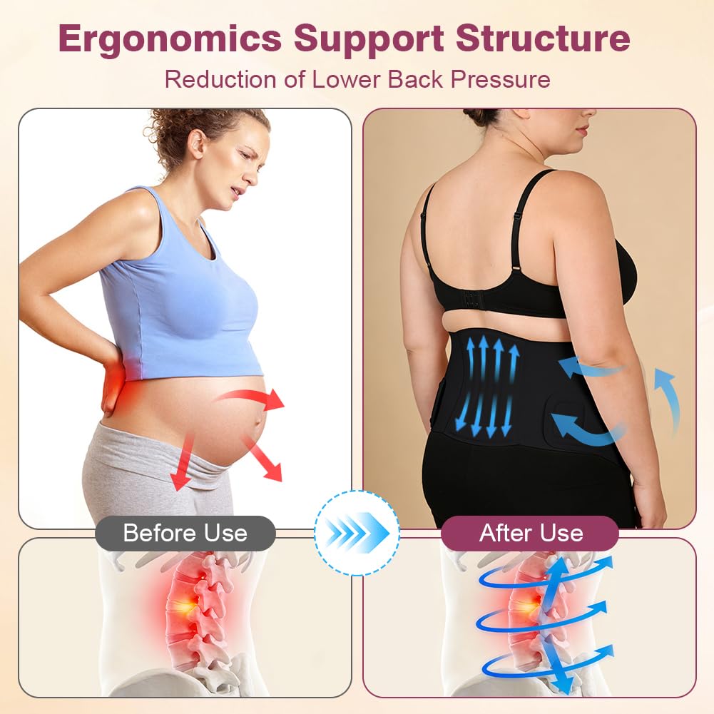 Faja Embarazada sin Costuras, Faja Abdominal Embarazada con Ajustable Hook and Loop, Mujeres Embarazadas Ergonomía Faja Lumbar Soporte con para la Abdomen y Cintura, Negro