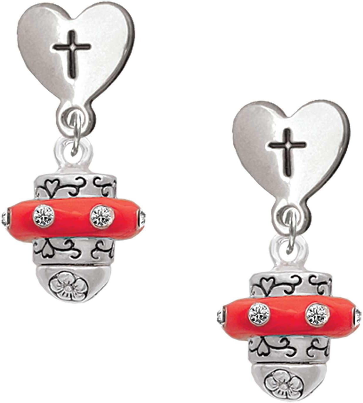 Delight Jewelry Silvertone Crystal Color Spinner Cross in Heart Post Dangle Earrings