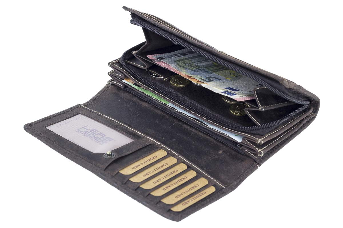 LEAS Große Damenlangbörse Natur RFID Schutz Echt-Leder, Dunkelbraun Vintage-Collection