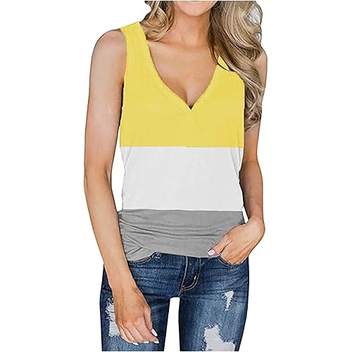 Euone_Clothes Women's Blouse Womens Casual Loose Color Matching Button V-Neck SleevelessTops Blouses Vests