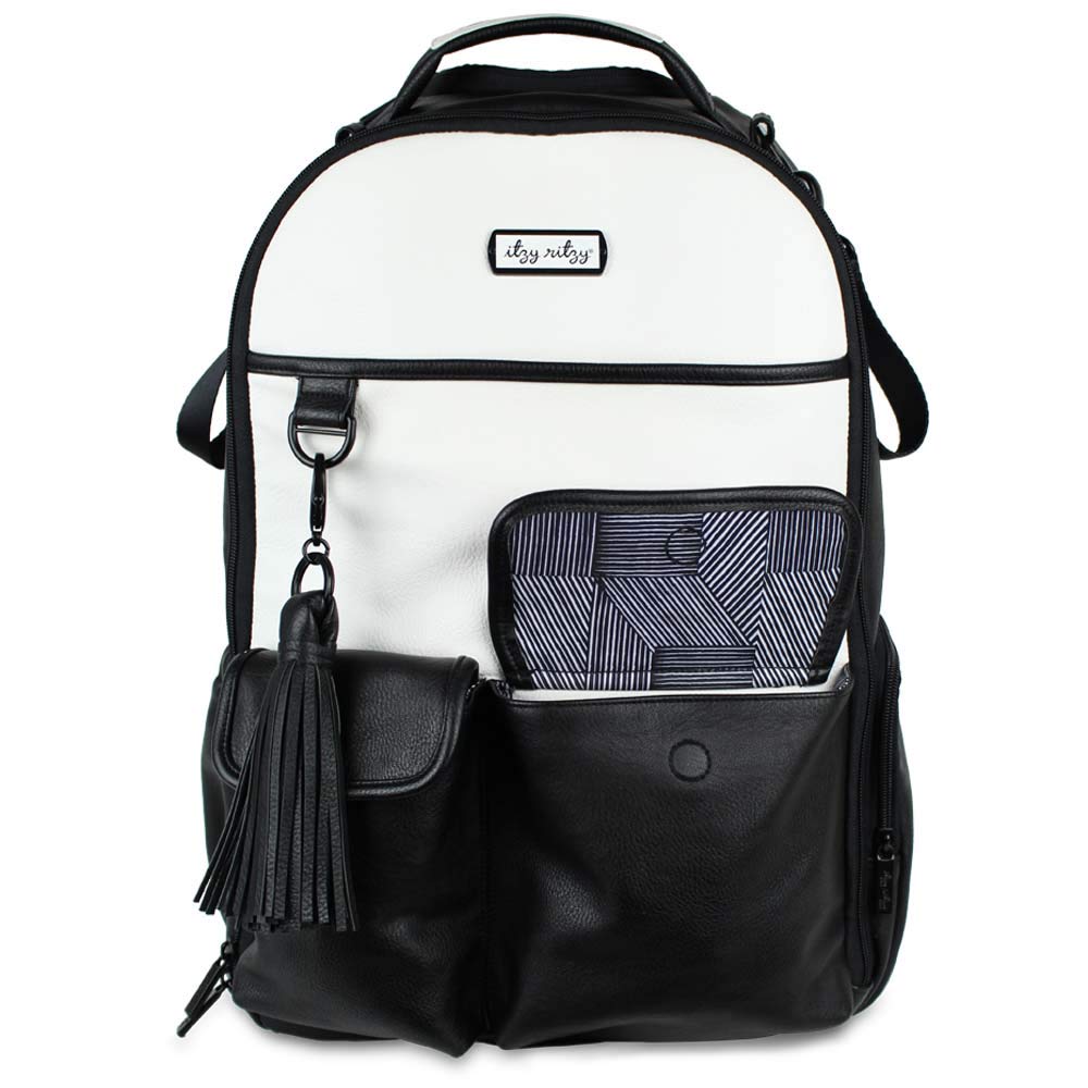 Itzy Ritzy Diaper Bag Backpack – Large Capacity Boss Backpack Diaper Bag Featuring Bottle Pockets, Changing Pad, Stroller Clips and Comfortable Backpack Straps, Black and White