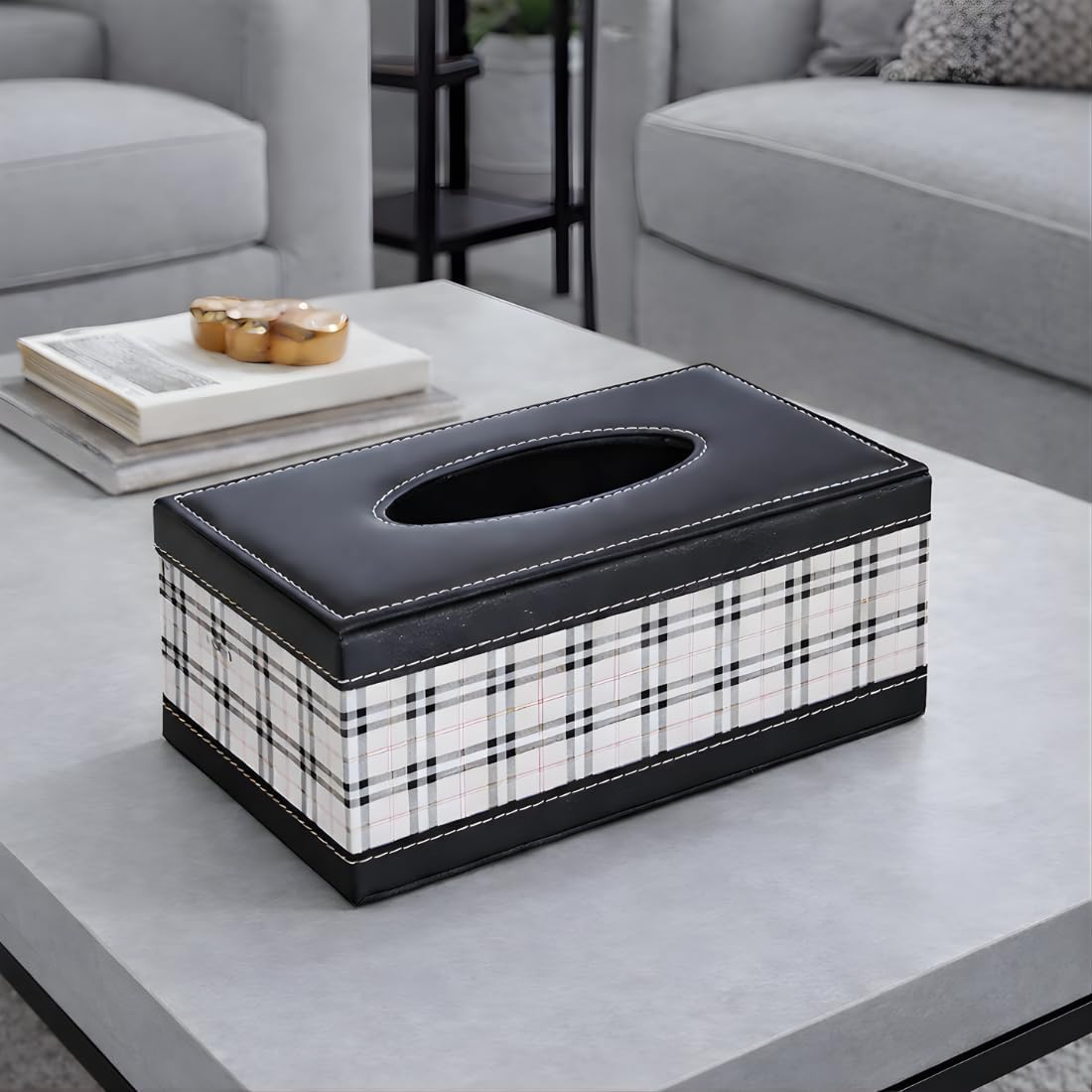 PU Leather Large Tissue Box Holder, Decorative Rectangular Facial Tissue Cover with White Stitching, Modern Tissue Dispenser Box for Living Room, Bedroom, Bathroom & Office (White Square)