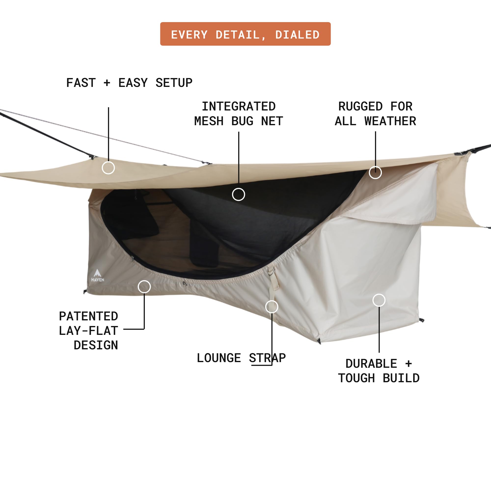 Haven Safari Lay-Flat Hängemattenzelt (Canopy Green) - Robustes Segeltuch-Hängemattenzelt für Camping - Inklusive dickem isoliertem Pad, XL-Regenfliege & Insektennetz (Glamping Hängematte)