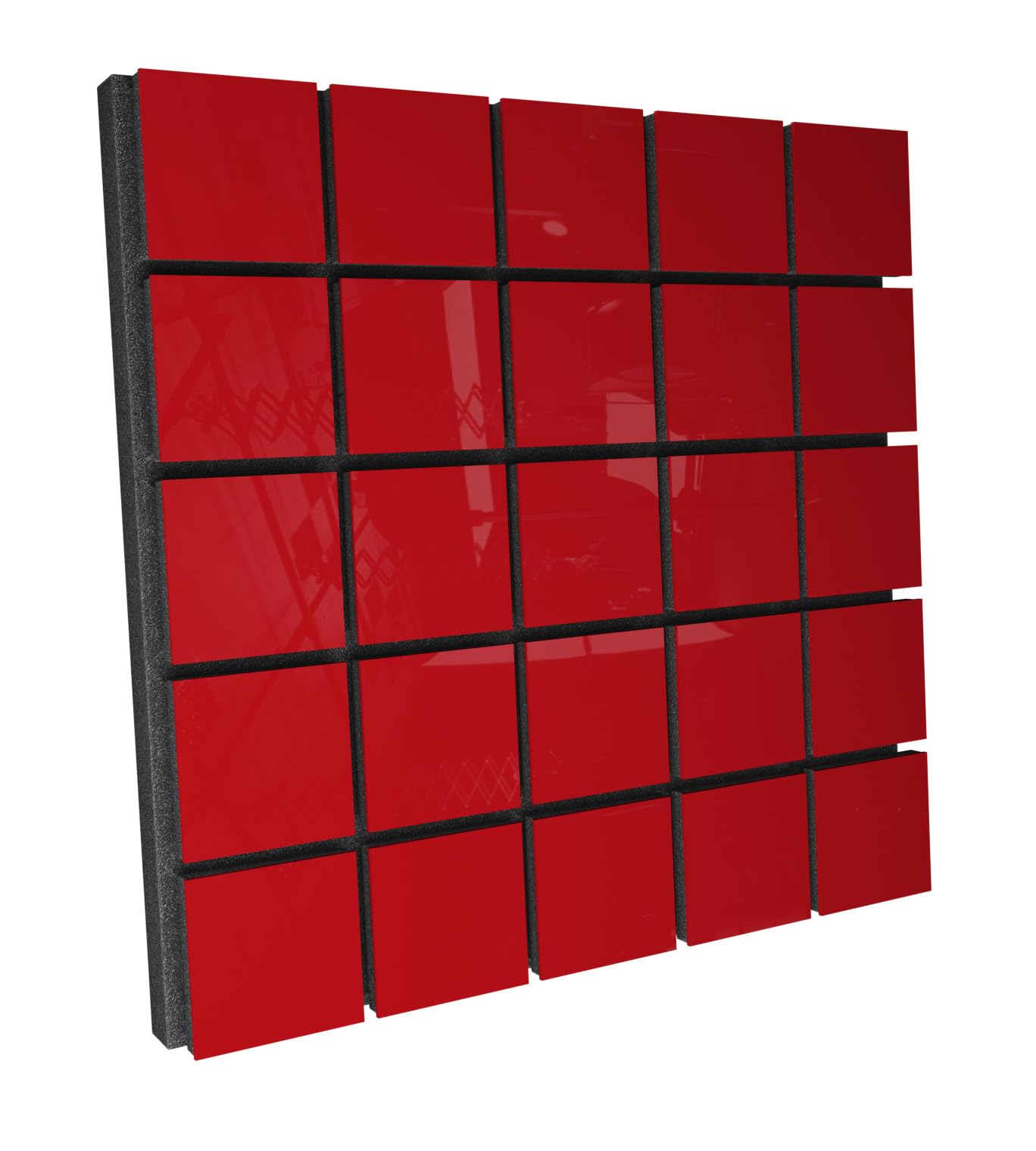 Panel akustyczny pochłaniający dyfuzję akustyczną | 50 x 50 x 5 cm | Absorpcja - rozpraszanie - odbicie - izolacja akustyczna | Kolorowe płytki: (x2 GRID, błyszczący czerwony plastik)