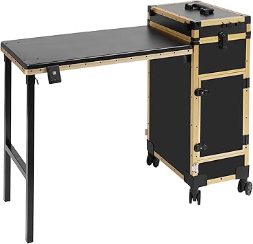 3 Drawers Rolling Makeup Train Case, 4 IN 1 Cosmetology Nail Trolley Cart on Wheels, Salon Station Organizer, Heavy Duty Make Up Organizer for Makeup Artist, Nail Tech Black+Gold
