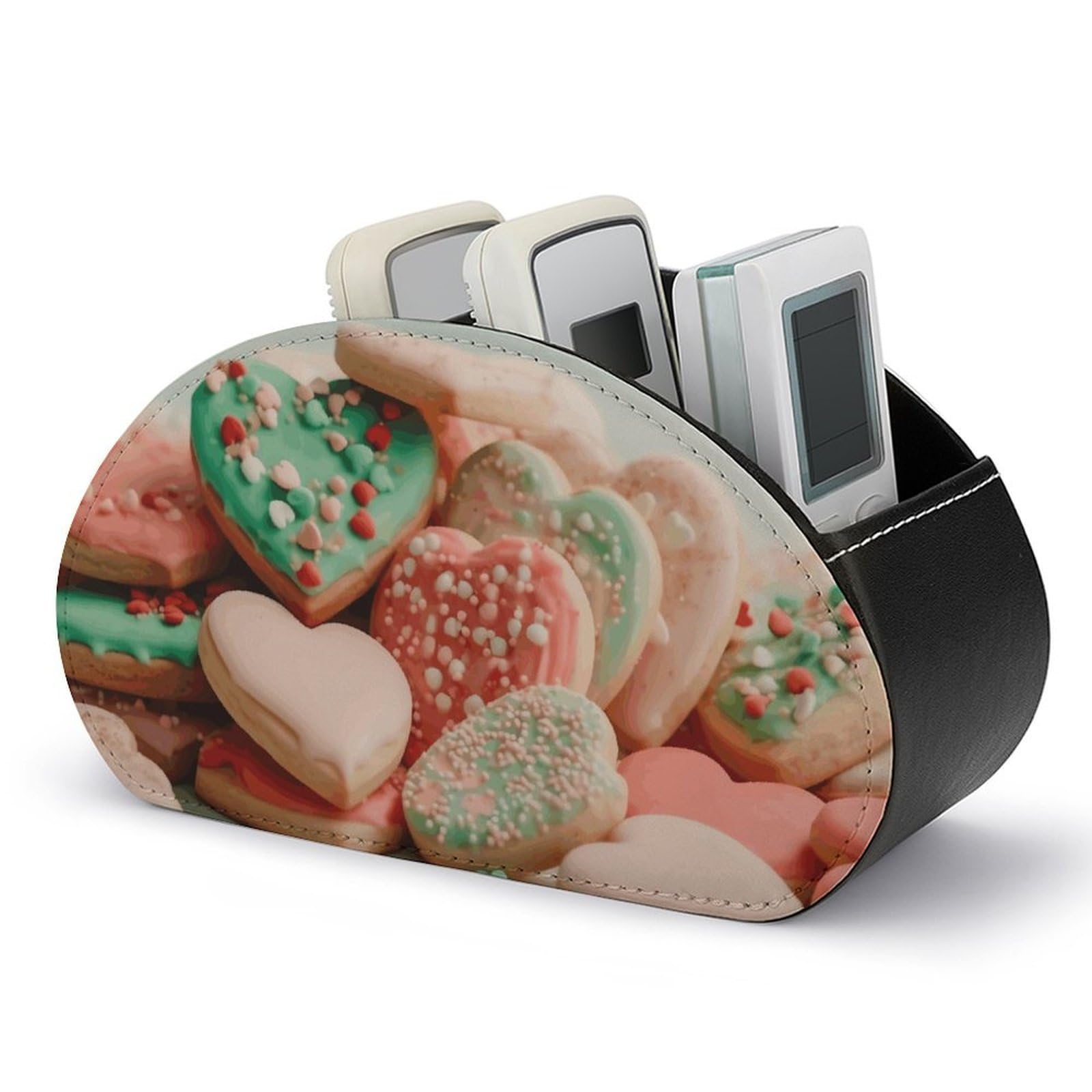 JTREHY Many Food Remote Control Holder with 5 Compartments Pu Leather Remote Caddy Box Multi-functional Deskt Holders Organizer Box Tray Bedside Table Storage Organizer