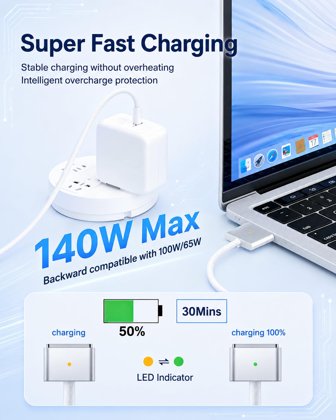 USB-C to Magnetic 3 Cable 6.6FT, 140W Magnetic Safe 3 Cable Compatible with MacBook Air (13"/15" 2025/2024/2023/2022), Pro (16"/14" 2024/2023/2021)