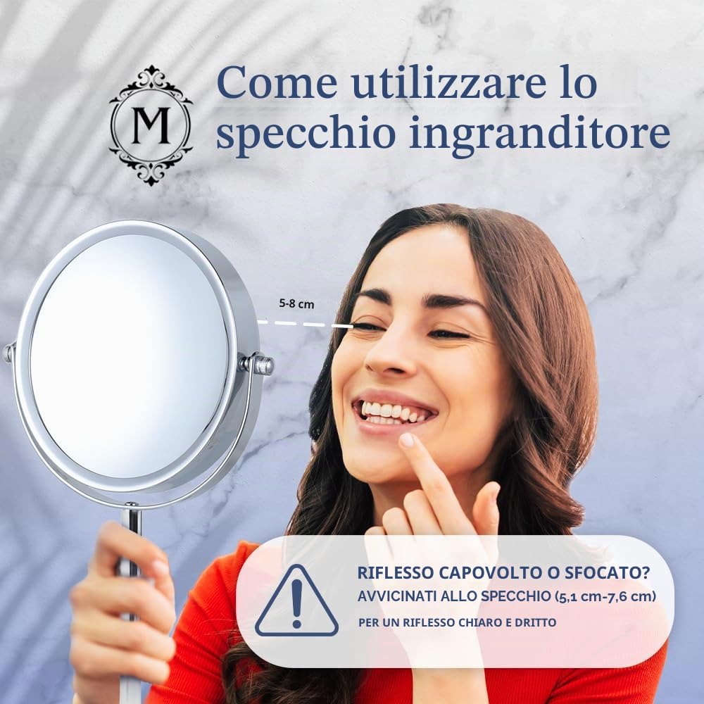 Mirrorvana Specchio Trucco Ingranditore 10X / 1X, Specchio da Tavolo da Bagno, Specchietto Telescopico x10 per Truccarsi, Specchio da Appoggio, 18cm (Cromato)