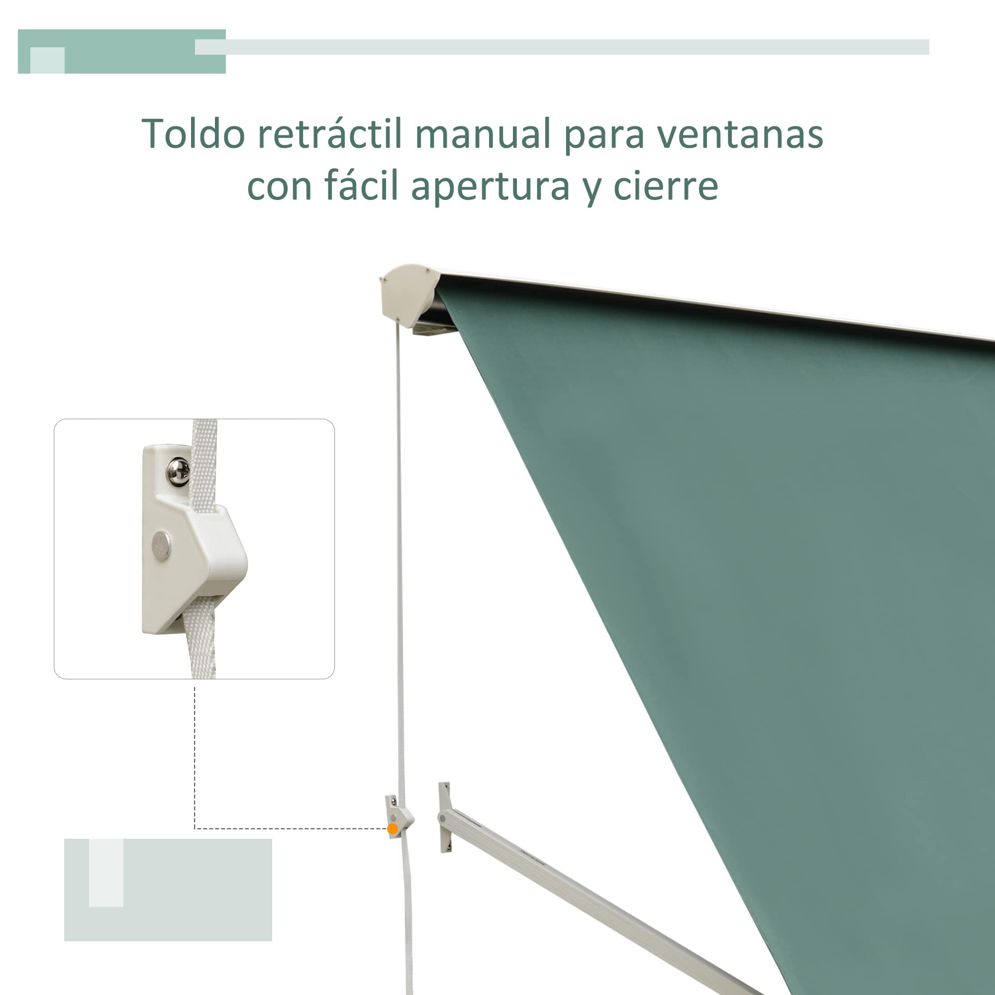 Outsunny Toldo Manual de Aluminio Retráctil para Ventanas Exterior Ángulo Ajustable Impermeable Tela de Poliéster 180x70cm Verde