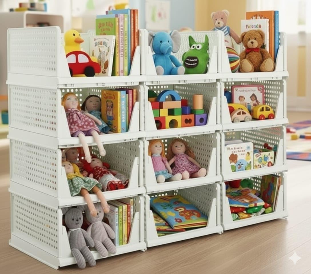 MECHDEL | Wardrobe Organizer For Clothes | Cupboard Organizer | Foldable Shirt Stacker Box | Cloth Box for Almirah | Closet Storage Basket |Plastic Stackable Closet Organizer (White, 12PCS)